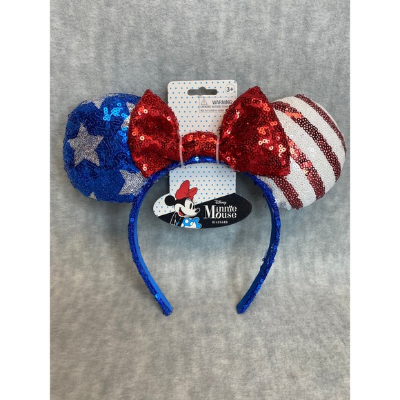 Disney Minnie Mouse Patriotic Sequin Ears Headband Red White Blue Stars New - Picture 1 of 5